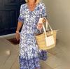 Boho Print Dress Women Summer Long Dress Female Fashion V Neck Half Sleeve Dress Ladies Loose Oversized Beach Party Dress