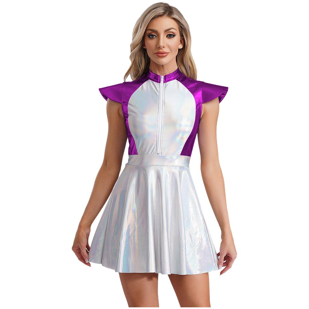 Womens Halloween Alien Cosplay Costume Outer Space Cutie Cap Sleeve A Line Dress Glittering Dress Up Party Costume