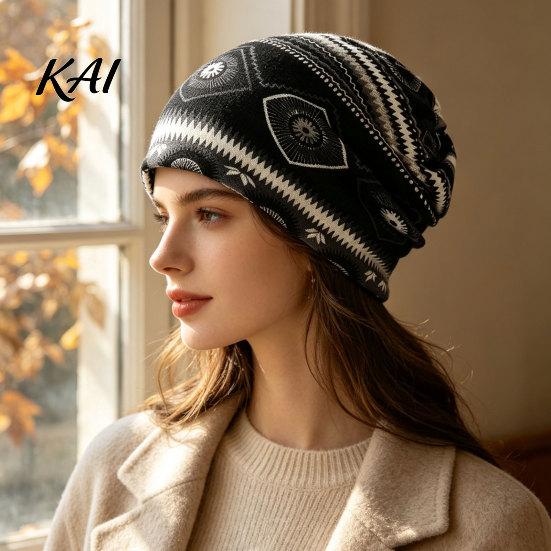 Multifunctional Scarf Hat Women's Geometry Print Slouchy Hat, Casual Soft Stretch Skull Stylish Decorative Head Accessory Cap, Warm Cancer Chemo