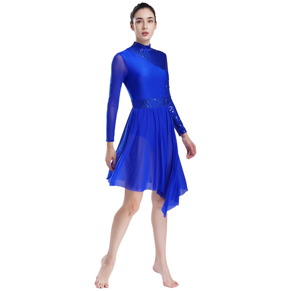 Women Sparkly Sequins Modern Lyrical Dance Dress Long Sleeve Irregular Hem Dresses Performance Costume