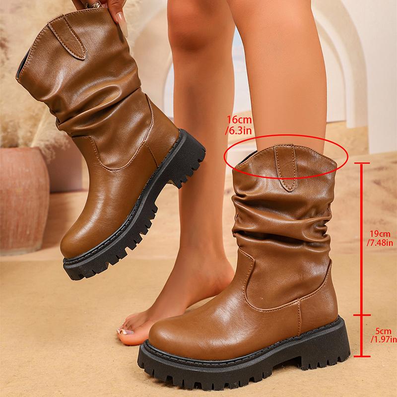 Модные Модные Ботинки до середины икры на массивной платформе для женщин Плиссированный дизайн Искусственная кожа Ковбойские ботинки Женские Осенне-зимние Ботас Де Мухер 2025