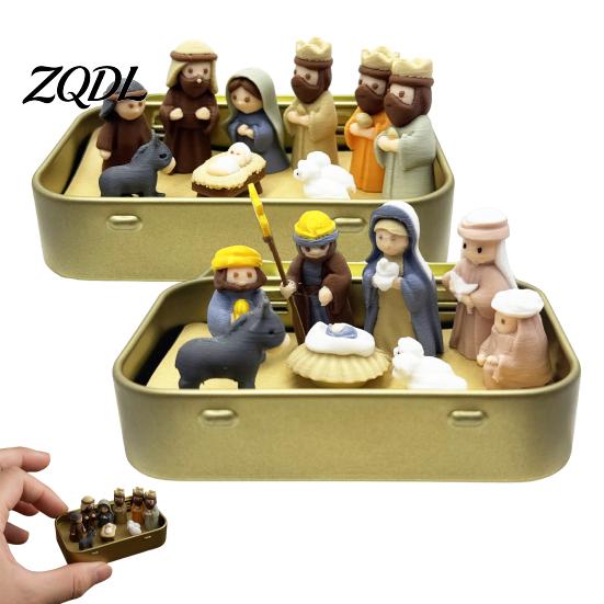 Compact Figurine Collection Mini Nativity Set in Tin Box, 3D Printed Pocket Scene Set, Small Durable Christmas Story Display Holy Family Jesus