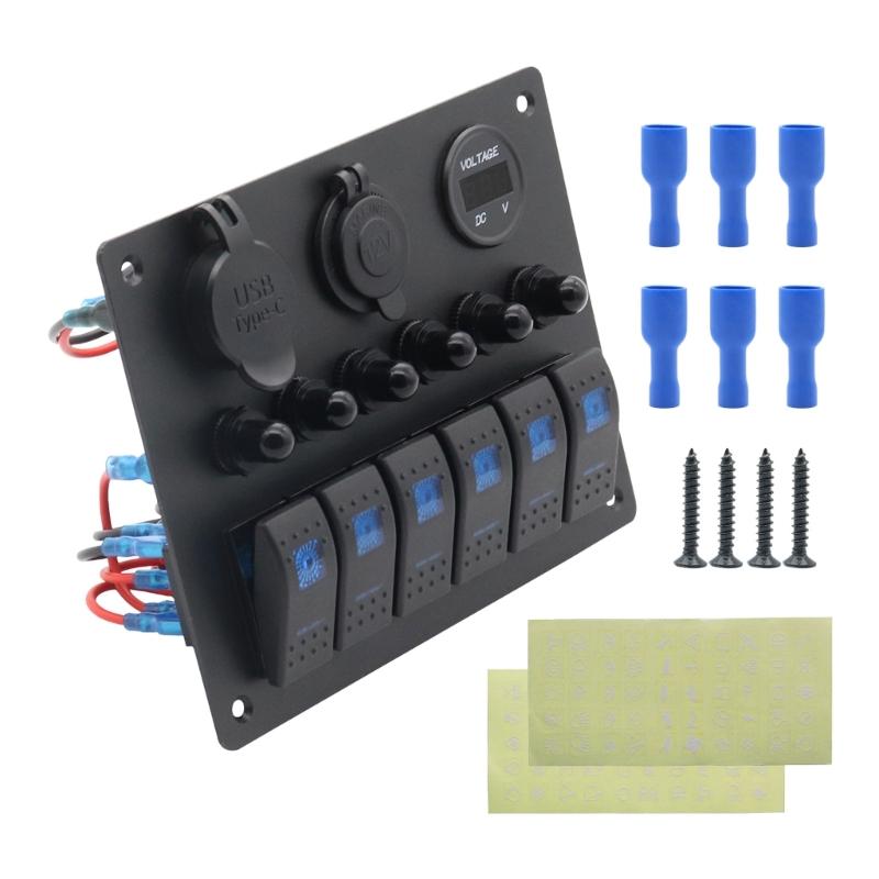 Professional 6 Buttons Switches Panel with Digital Voltmeter Tester & USB Charging Plastic Perfect for Marine Boat Truck