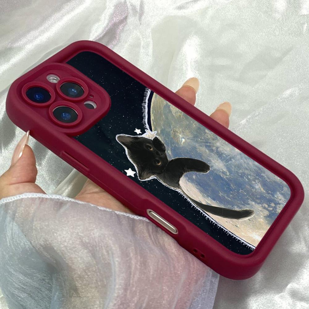 JT123 Кошка, обнимающая луну, для iPhone 17 16 15 14 Pro Max Samsung S26 S25 S24 Ultra A17 A16 A07 A56 A06 Xiaomi 15T Redmi 15c 14c Note 13 14 Мягкий чехол из ТПУ