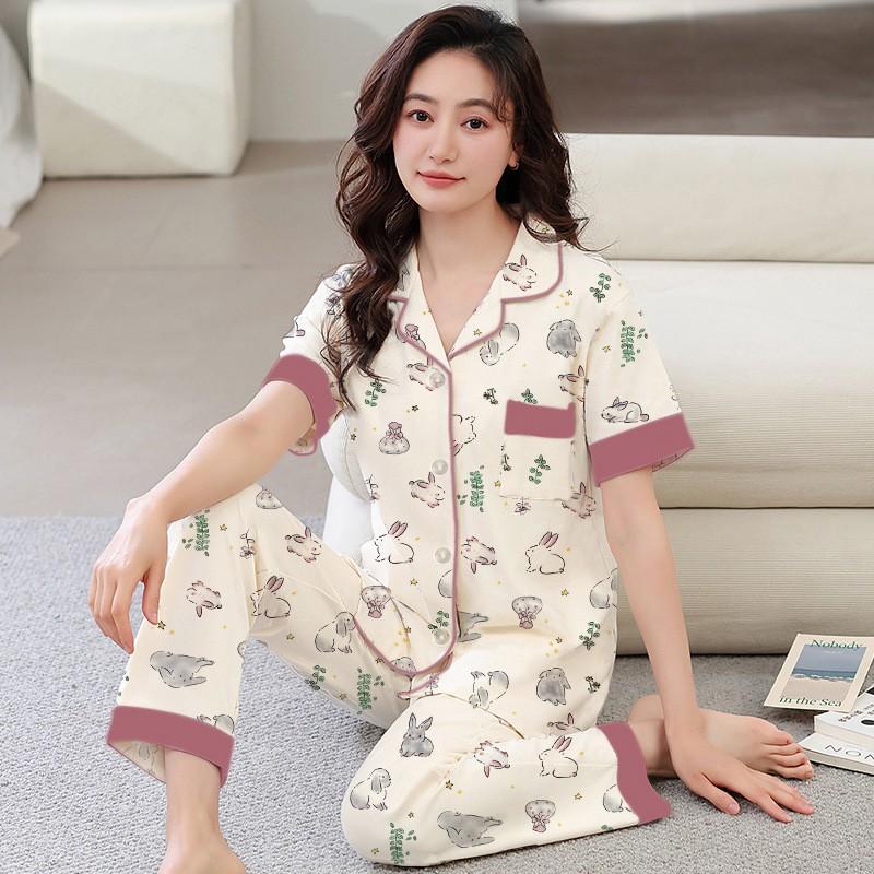 Womens Rose Print Pajama Set Short Sleeve Long Pants Plus Size Soft Cotton Blend Casual Loungewear Middle-aged Moms All