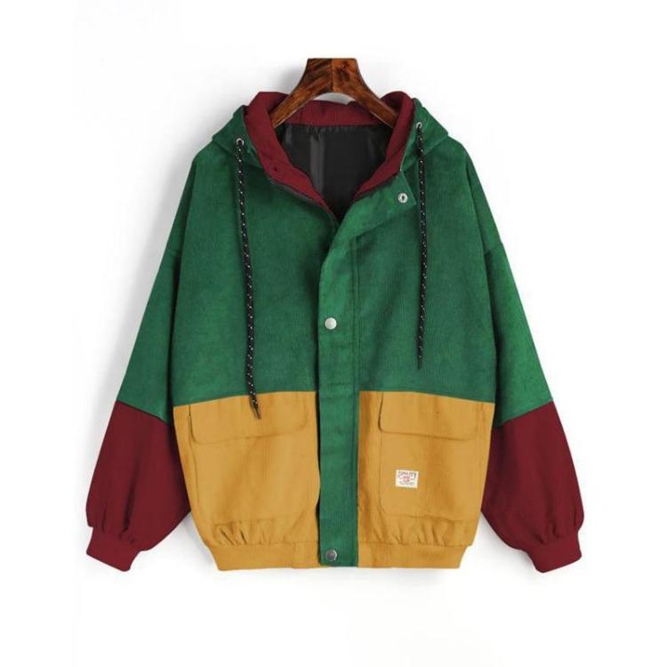 Women Hooded Corduroy Jacket Streetwear Patchwork Coat Autumn Windbreaker Outerwear Brand