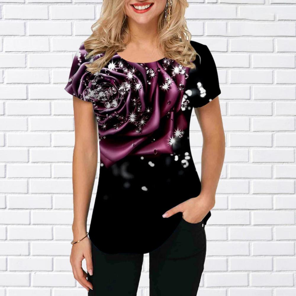 Новая женская роскошная одежда, летняя одежда, футболки с принтом роз 3D, футболки для девочек, уличная одежда с круглым вырезом, свободная одежда Laides 2023