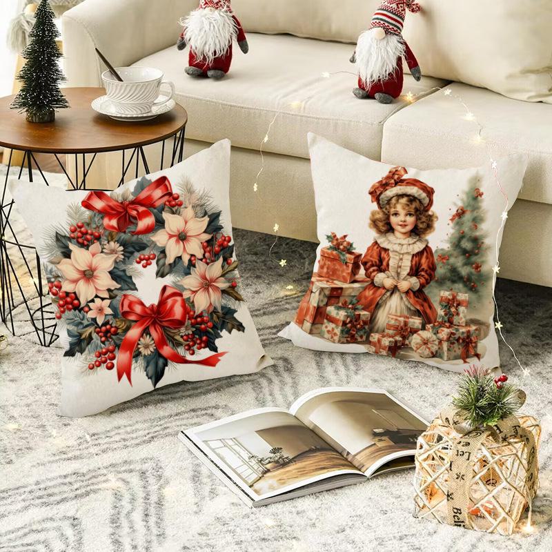 Santa Claus Linen Print Christmas Pillowcase - Holiday Sofa Decor Cushion Cover