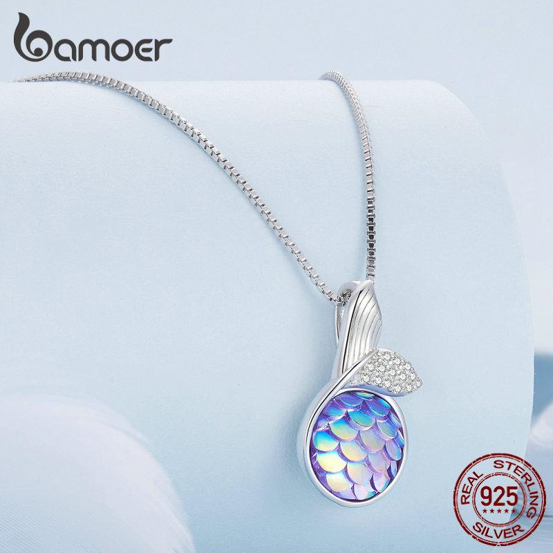BAMOER 925 Sterling Silver Mermaid Fishtail Pendant Necklace Colorful Fish Scales Neck Chain for Women Fine Jewelry Gift