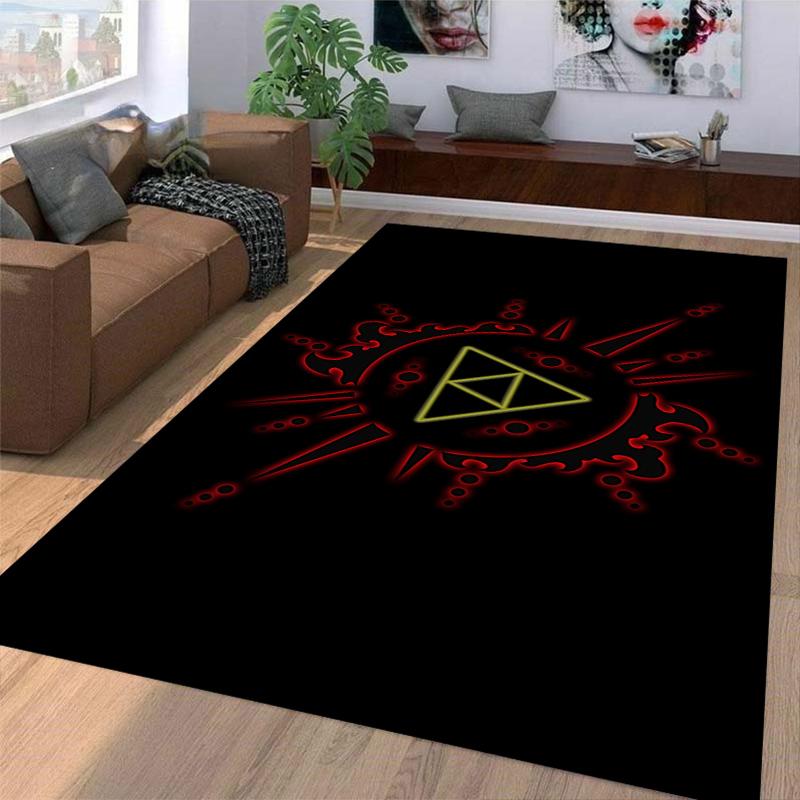 Triangular Symbol on Bold Red Sunburst Rug Design Suitable for use as an anti-slip game mat for living room and bedroom sofas
