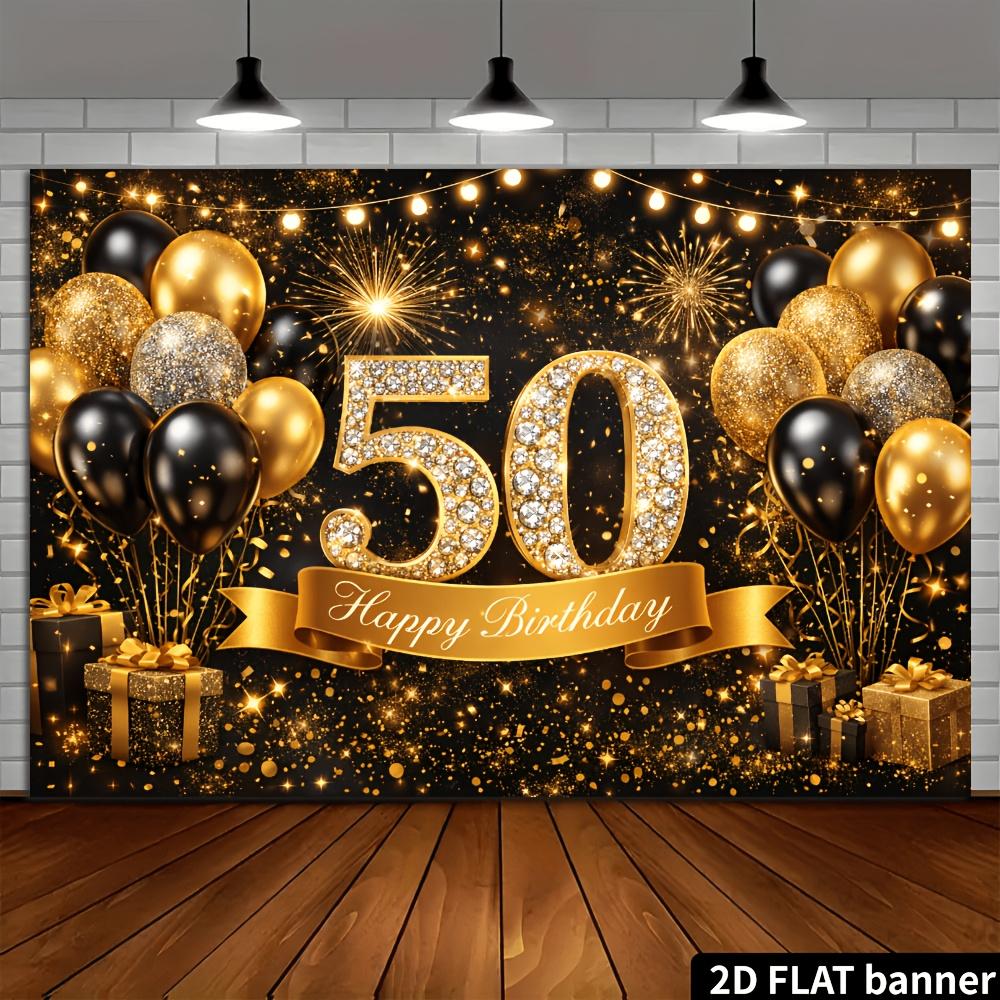 2D graphic design, 50th anniversary party, with a theme of black and gold glittering diamonds, featuring 50 diamonds set in it.