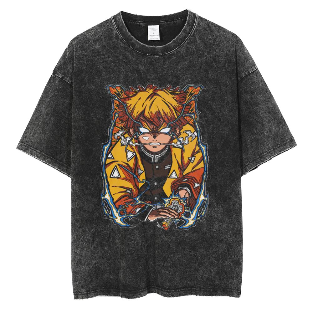 Anime Demon Slayer Tanjirou Nezuko Zenitsu Inosuke Cute Graphic Tshirt Men Women Washed Cotton T-shirts Harajuku Male Manga Tops