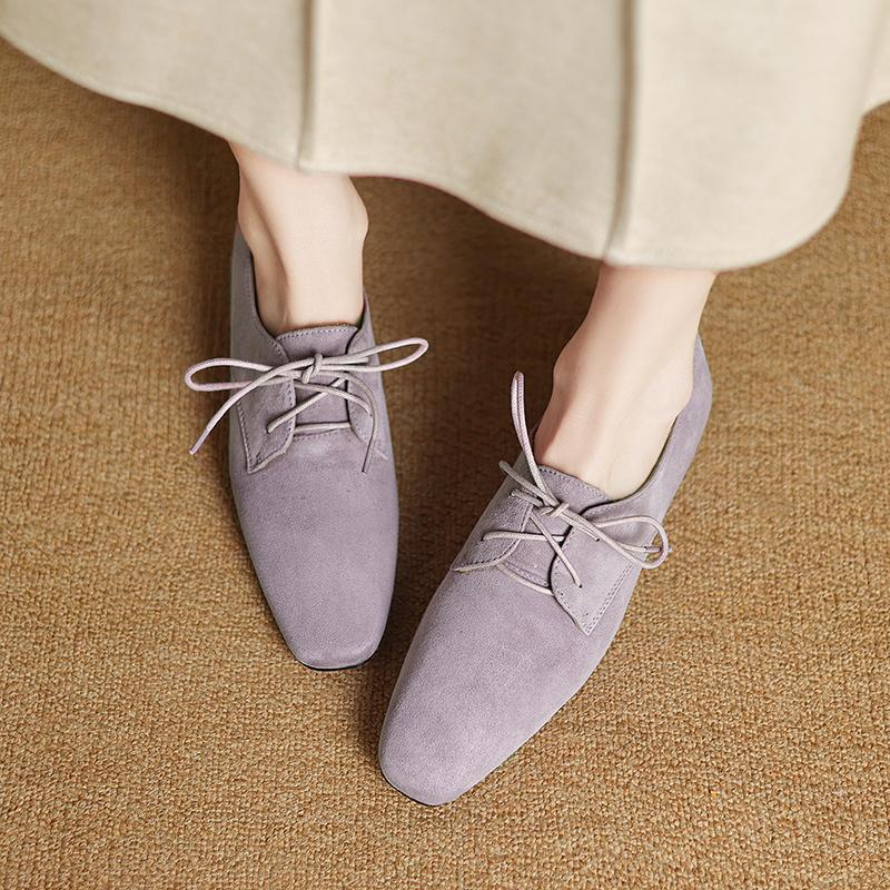 Fashion 2025 New Hot Sale Low Heel Lace Up Genuine Leather Sheep Suede Pumps Women Daily Walk Flats Young Girls Casual Autumn Shoes
