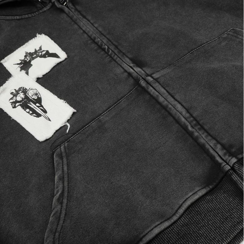 Washed Distressed Rivet Patch Embroidery Zip Up Hoodie Men Women American Streetwear Loose Fit Casual Outerwear