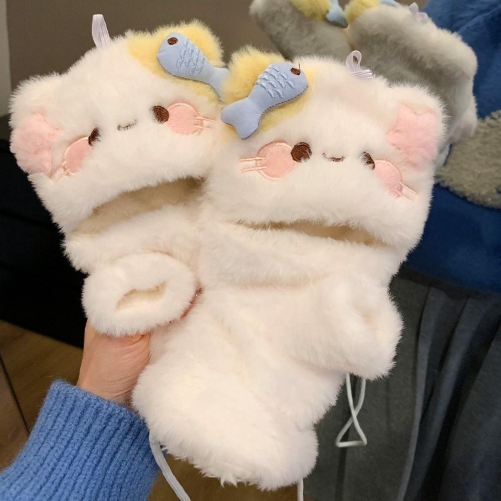 One Size Cartoon Cat Gloves Half Finger Winter Warm Touch Screen Gloves Soft Flip Top Gloves Girls