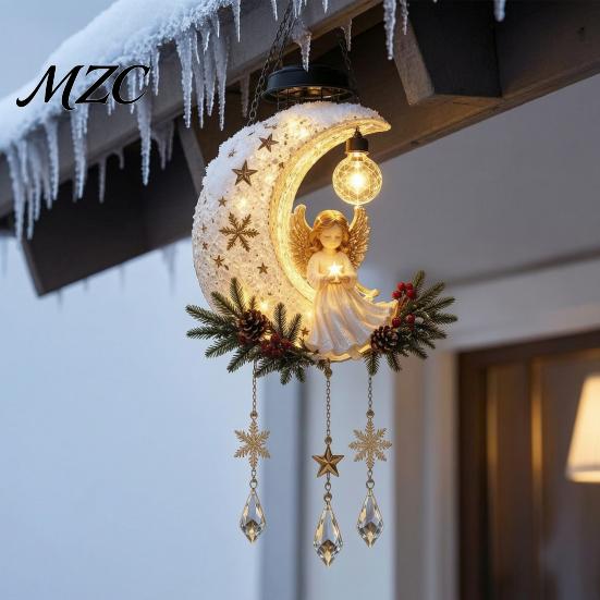 Solar Angel Moon Light Light, Christmas Hanging Lantern with Warm Glow, Resin Outdoor Tree Ornaments Yard Decoration for Porch Tree, Faux Crystal
