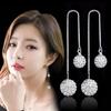 Womens Korean Fashion 925 Silver Plated Anti-allergy Double Full Zircon Crystal Ball Ear Line Long Stud Earrings Female Ear Jewelry Xmas Gift