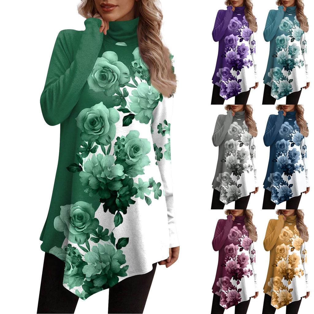 Casual Fashion Floral Print Shirt Tops High Neck Irregular Hem Long Sleeve Pullover Tops