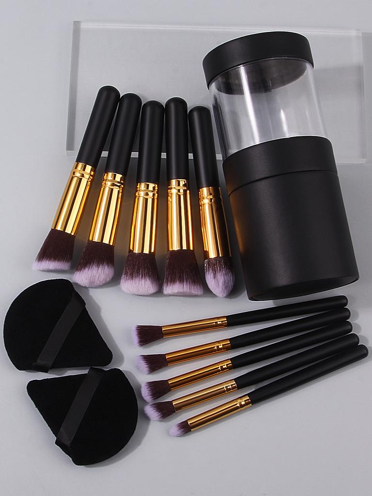 13PCS Black PU Storage Bucket Set of 10 Soft-bristled Makeup Brushes, Portable Dry and Wet Dual-purpose Sponge Powder Puff Set