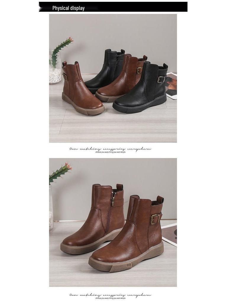 Women's Retro Round Toe Side Zipper Martin Boots - Short Tube, Thick Sole, Flat Bottom, British Style, Plus Size Available.