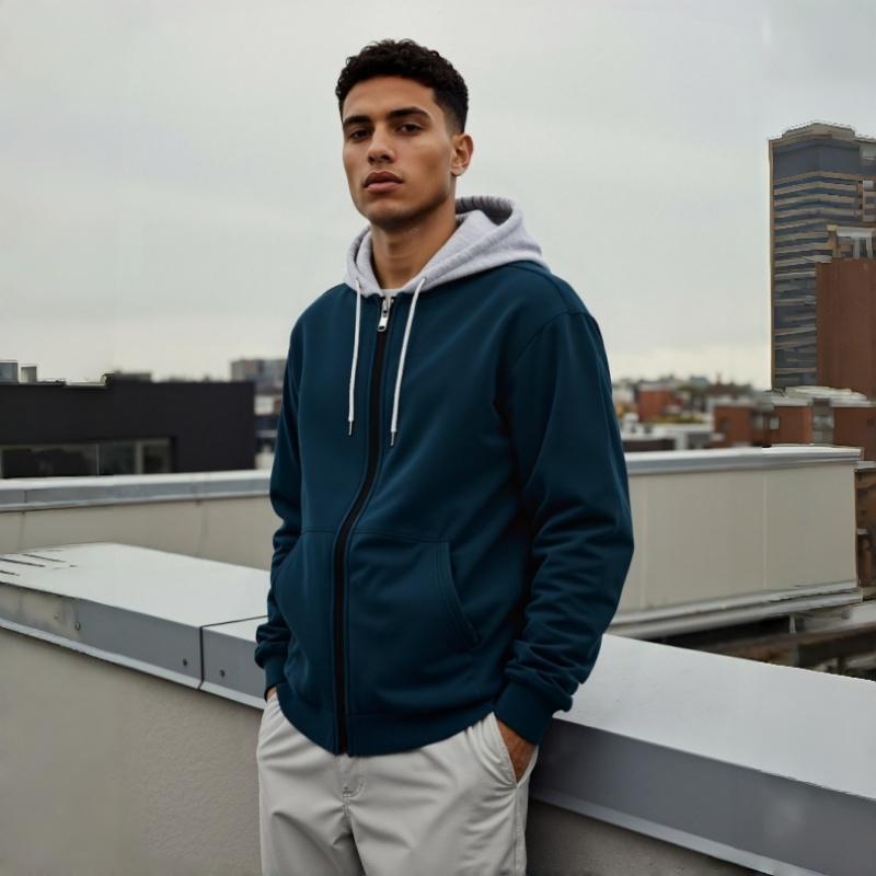 Men's Zip-Up Hoodie Sweatshirt Casual Fleece Jacket with Drawstring Hood Front Pockets Comfortable Streetwear for Autumn & Winter