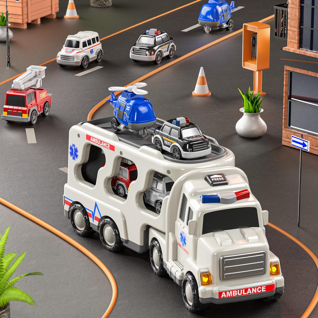 Ambulance 5 In 1 Truck Toys For 3 4 5 6 Years Old Boys Toddlers Kids Carrier Fire Trucks Cars For Boy Toys Birthday Gift Trucks