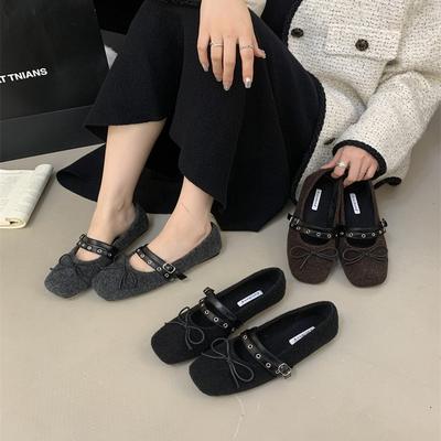 Зима 2025 новый стиль феи с бантом универсальная мода простые туфли Мэри Джейн с мягкой подошвой и квадратным носком