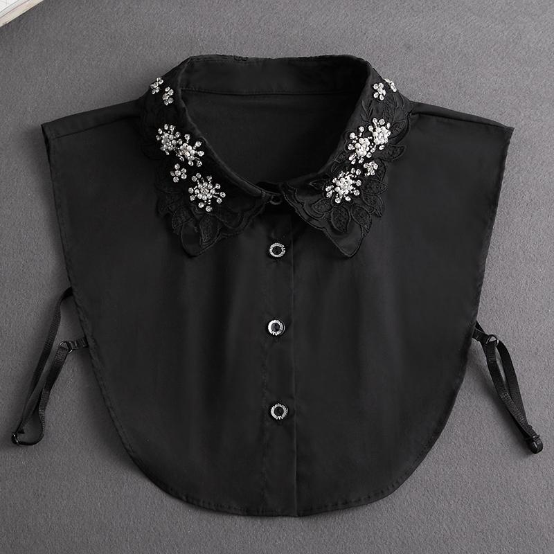 Front Tie White Fake Collar Stand Beads Detachable Collar Fake Women Vintage Crystal Lace Ladies False Blouse Collar Half Shirt