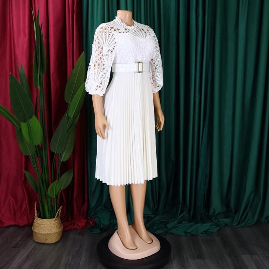 Женское платье миди 45720 с рукавами, кружевное вязаное крючком, с ажурной перфорацией, плиссированное, расклешенное