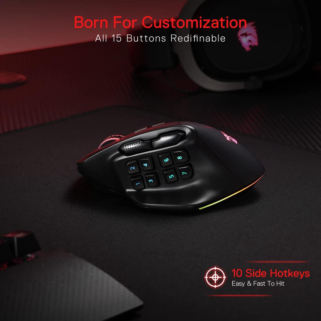 Redragon M811 PRO Wireless MMO Gaming 15 Programmable Buttons RGB Gamer Mouse with Ergonomic Natural Grid 10 Side Macro Software Supports DIY Keys
