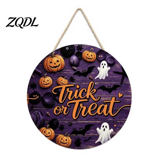 Wall Hanging Props for Halloween Wooden Trick or Treat Door Hanger, Pumpkin Ghost Bat Spider Web Welcome Classic Signs Sign with Jute Rope, Farmhouse