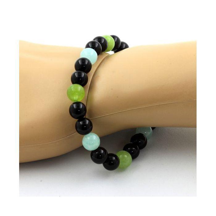 Pierres et Minéraux. Bracelet Perles Angélite + Péridot + Agate noire 8 mm. Fabriqué en France.