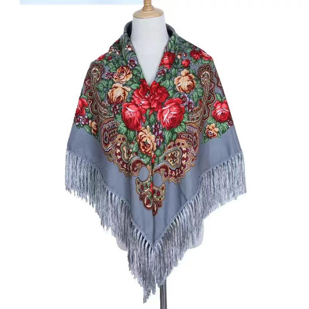 Ethnic Turban Head Wrap Scarf Women Vintage Travel Printed Tassel Shawl Outwear Printed Square Scarf