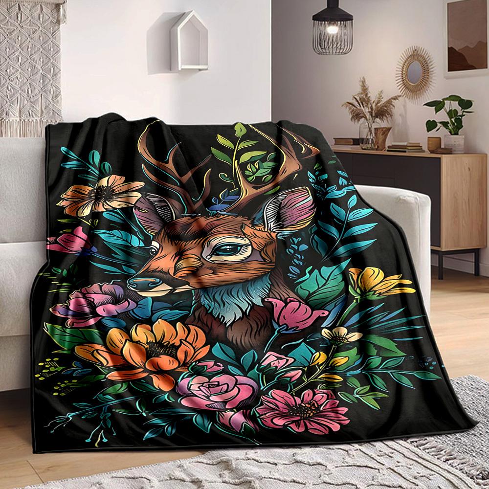 1PC Deer Floral Print Print Blanket, Soft Throw Blanket - Warm & Cozy for Couch, Bed, Office, and Travel yy250912228