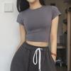 American Retro Solid Color Round Neck Elastic Crop Top Tee