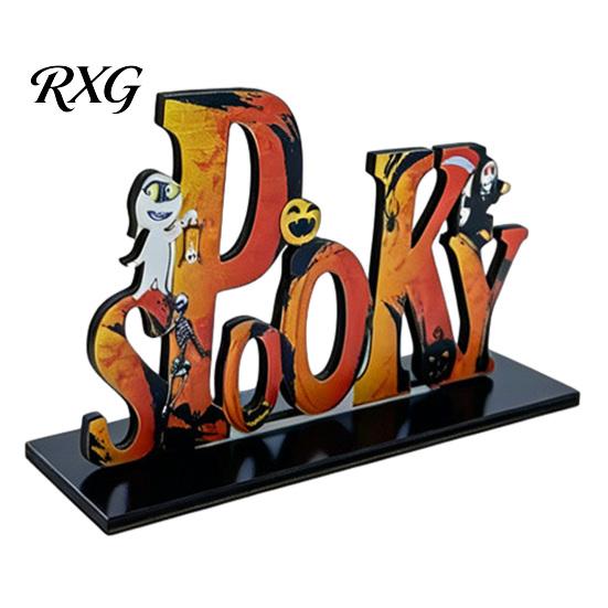 Stable Base Halloween Decor Wooden Tabletop Ornaments, Freestanding Solid Wood Letter Signs, Decorative Table Centerpiece Tiered Tray Decorations with