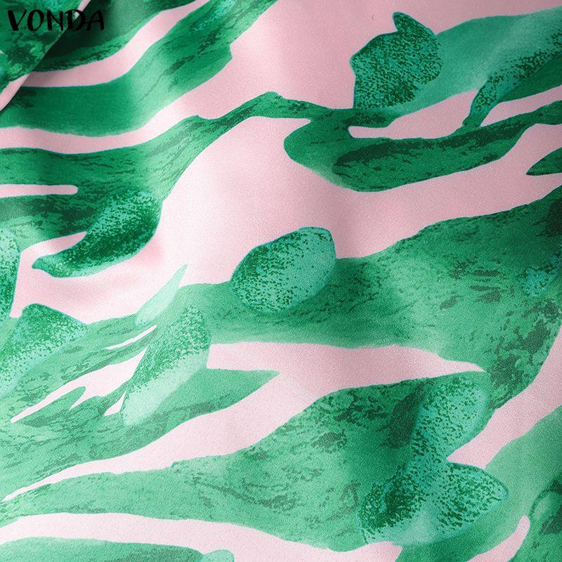 VONDA Oversized Women Casual V Neck Long Sleeve Floral Print Belt Smooth Loose Dress