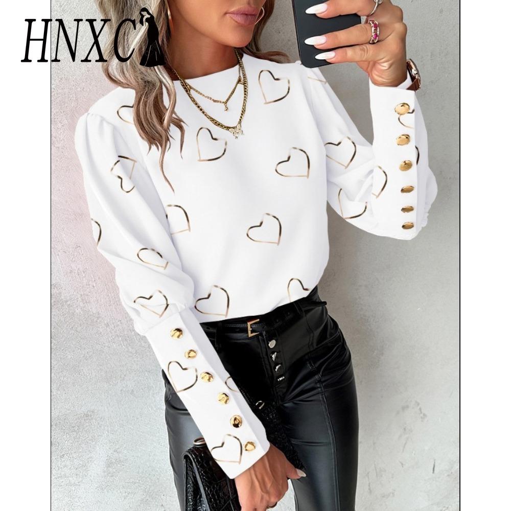 HNXC Женская мода повседневная осень-зима с длинным рукавом и круглым вырезом блузки и рубашки