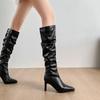 2025 новые осенне-зимние черные ботильоны с острым носком, на тонком высоком каблуке, модные, в стиле ретро, высокие, с присборенным голенищем, женские