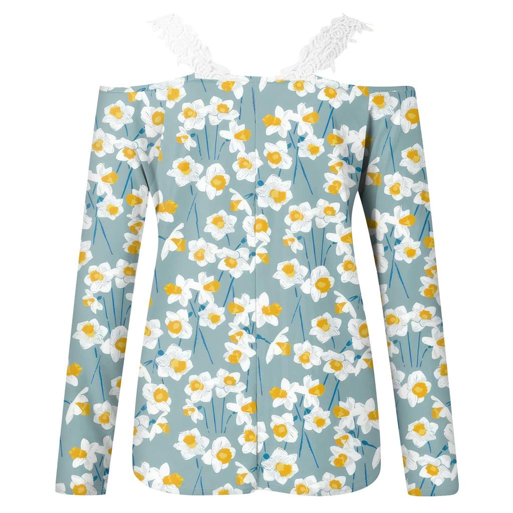 Модный кружевной пуловер с V-образным вырезом, длинный рукав, полосатый принт, однотонная повседневная футболка