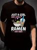 Korean Cuisine T-shirt Ramen and Boba Tea Printing Lovely Ramen Bowl and Boba Cup Design Cotton Short Sleeve Round Neck