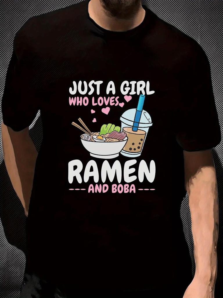 Korean Cuisine T-shirt Ramen and Boba Tea Printing Lovely Ramen Bowl and Boba Cup Design Cotton Short Sleeve Round Neck