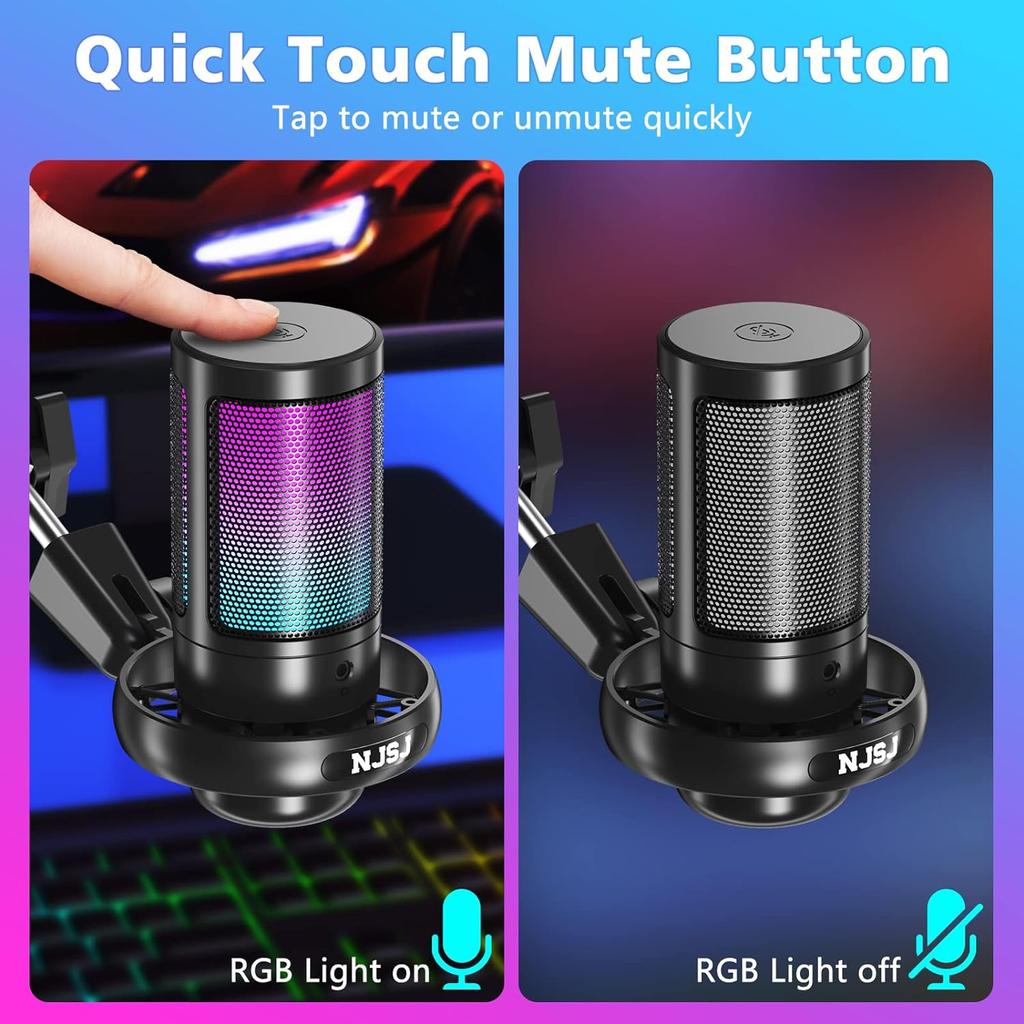 USB Microphone for PC with Boom Arm for Podcast Video, Streaming, Condenser Microphone with Quick Mute, RGB Indicator Light, Shock Absorbing Stand