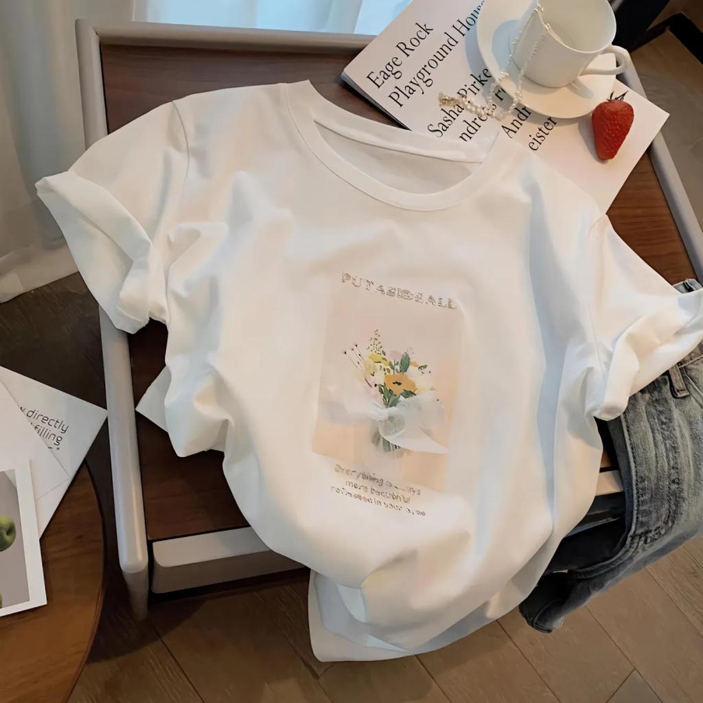 Белая простая хлопковая футболка с коротким рукавом женская летняя новая корейская свободная трехмерная с буквой топ модный