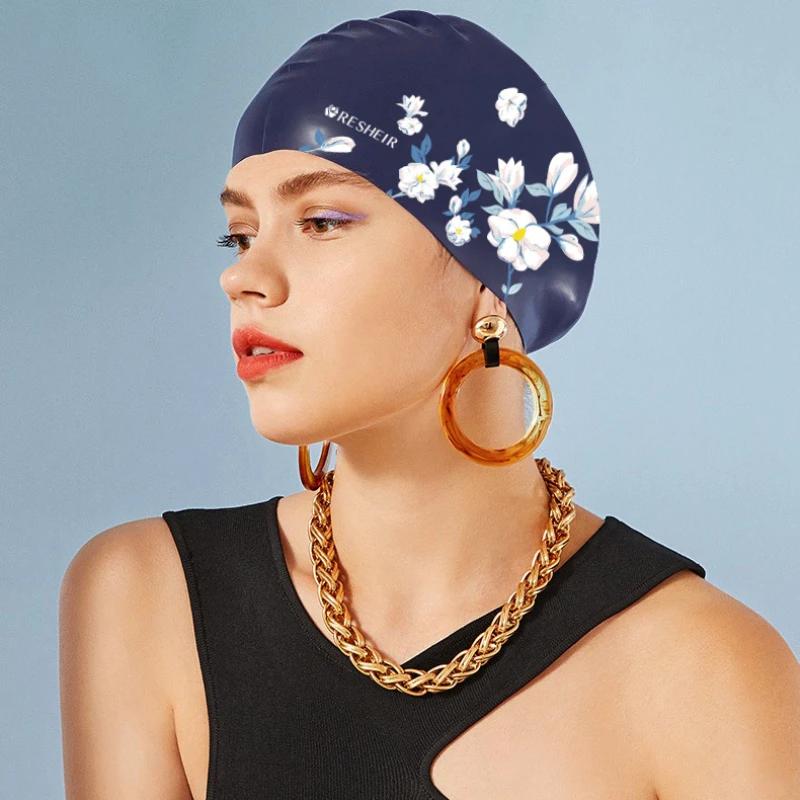 Шапочки для плавания для женщин, мягкие силиконовые шапочки для плавания, большие размеры, длинные волосы, защита ушей, шапочка для плавания с цветочным принтом, аксессуары для бассейна