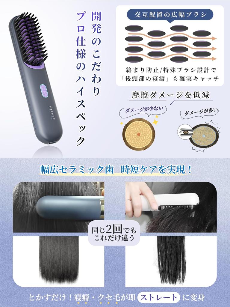 Kiboer Cordless Heated Hair Brush Iron, Rechargeable/Plug-in Compatible, Uniquely Developed 200 Million-Scale Plasma Ion Technology, Straightening and