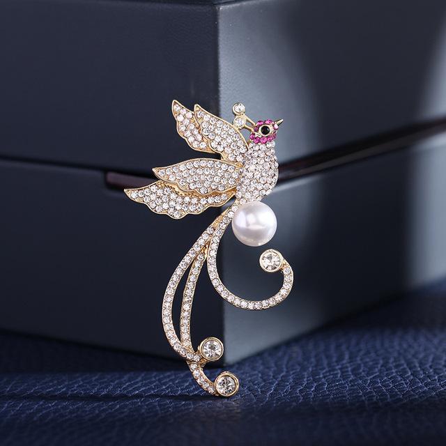High -End Crystal Phoenix Bird Brooches For Women Men Rhinestones Pearl Collar Pins Suit Coat Badge Jewelry Gifts