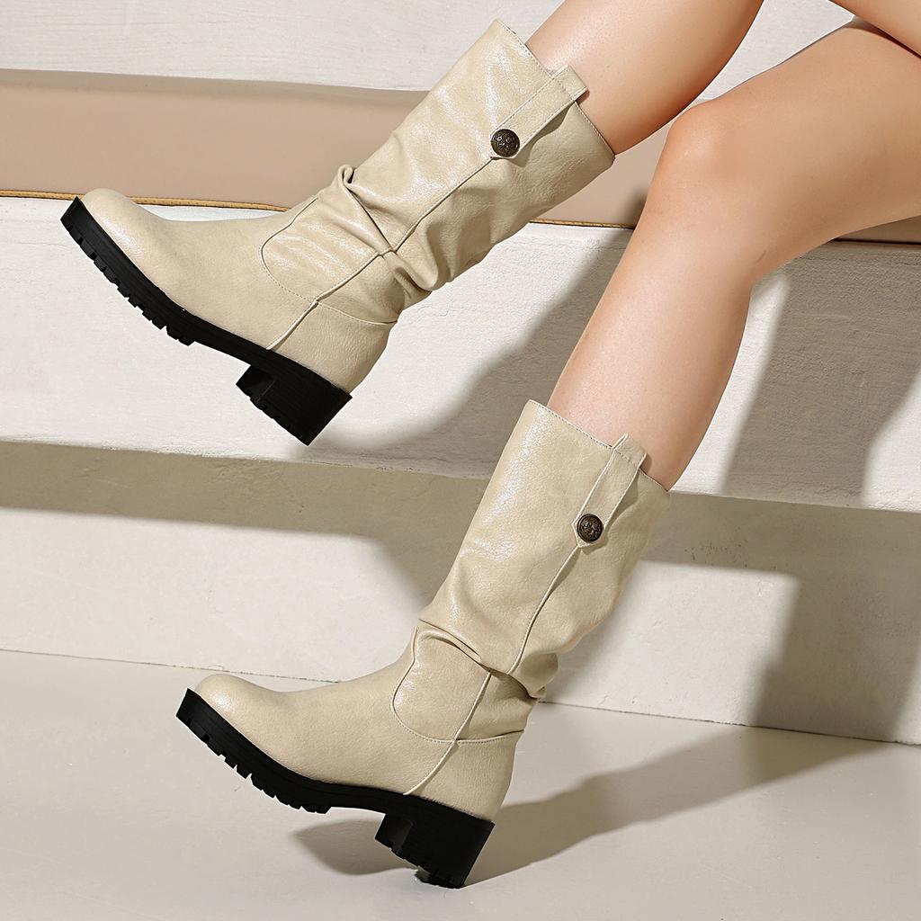 Women's Low-heeled Boots Autumn and Winter New European and American Thick-heeled Large-size Roman Medium Boots