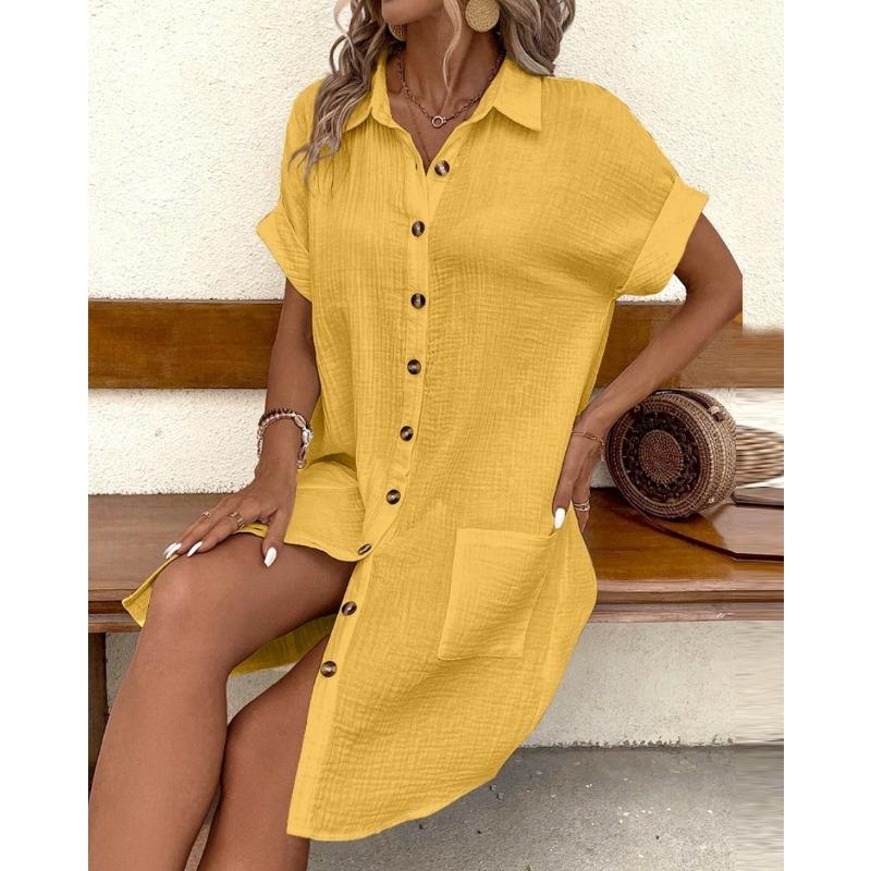 Fashion Short Sleeve Women Summer Shirt Dress New Elegant Lapel Loose Plus Size Simple Button Casual Party Dresses Single Breasted Women's Clothing