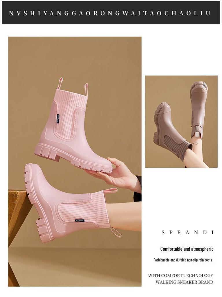 Women's Elastic Mid-Calf Waterproof Fashion Rain Boots - Wear-Resistant, Non-Slip, Height-Increasing, Solid Color.